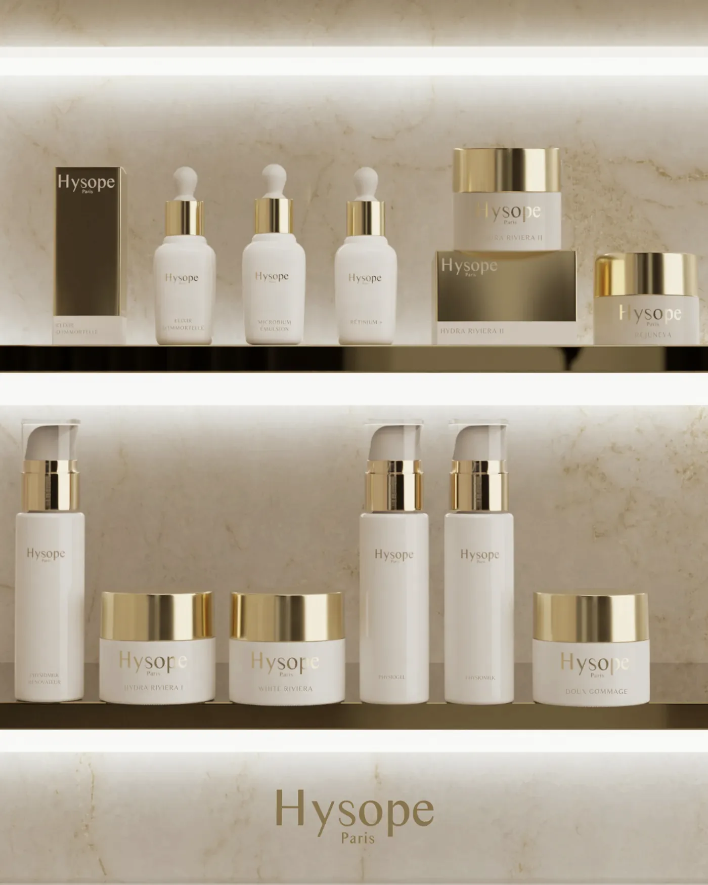 La gamme complète Hysope Paris : Élixir d'Immortelle, Microbium Émulsion, Rétinium +, Hydra Riviera, White Riviera, Physiogel, Physiomilk, Doux Gommage, Rejuneya